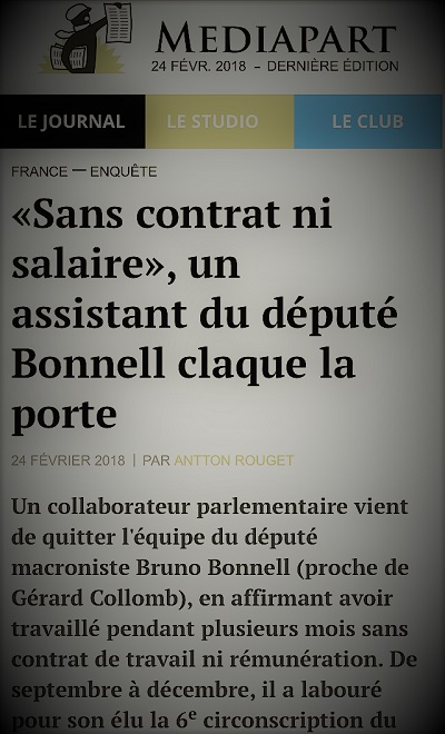 copie d'écran d'actualité parlant du député du Rhône Bruno Bonnell et de l'exploitation de ses assistants