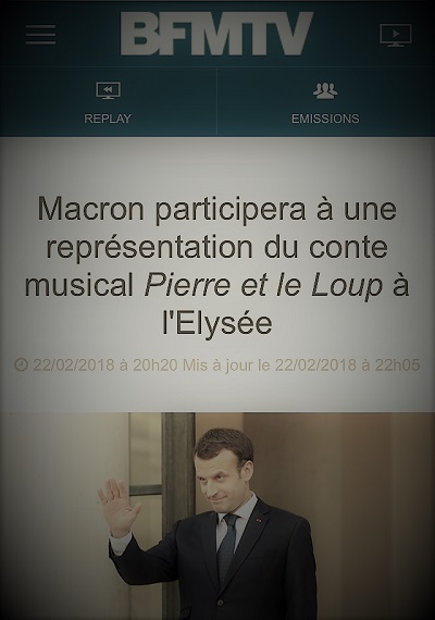 copie d'écran d'actualités expliquant qu'Emmanuel Macron va jouer dans le conte musical Pierre et le loup