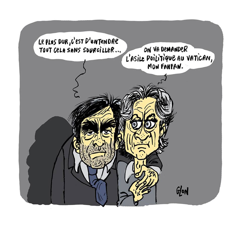 dessin humoristique de François et Penelope Fillon en train de parler des affaires le concernant