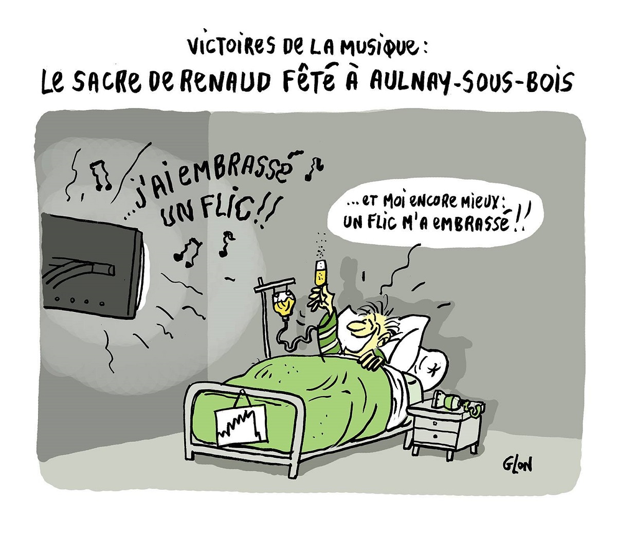 dessin humoristique d'un homme qui fête la victoire de Renaud à l'hôpital