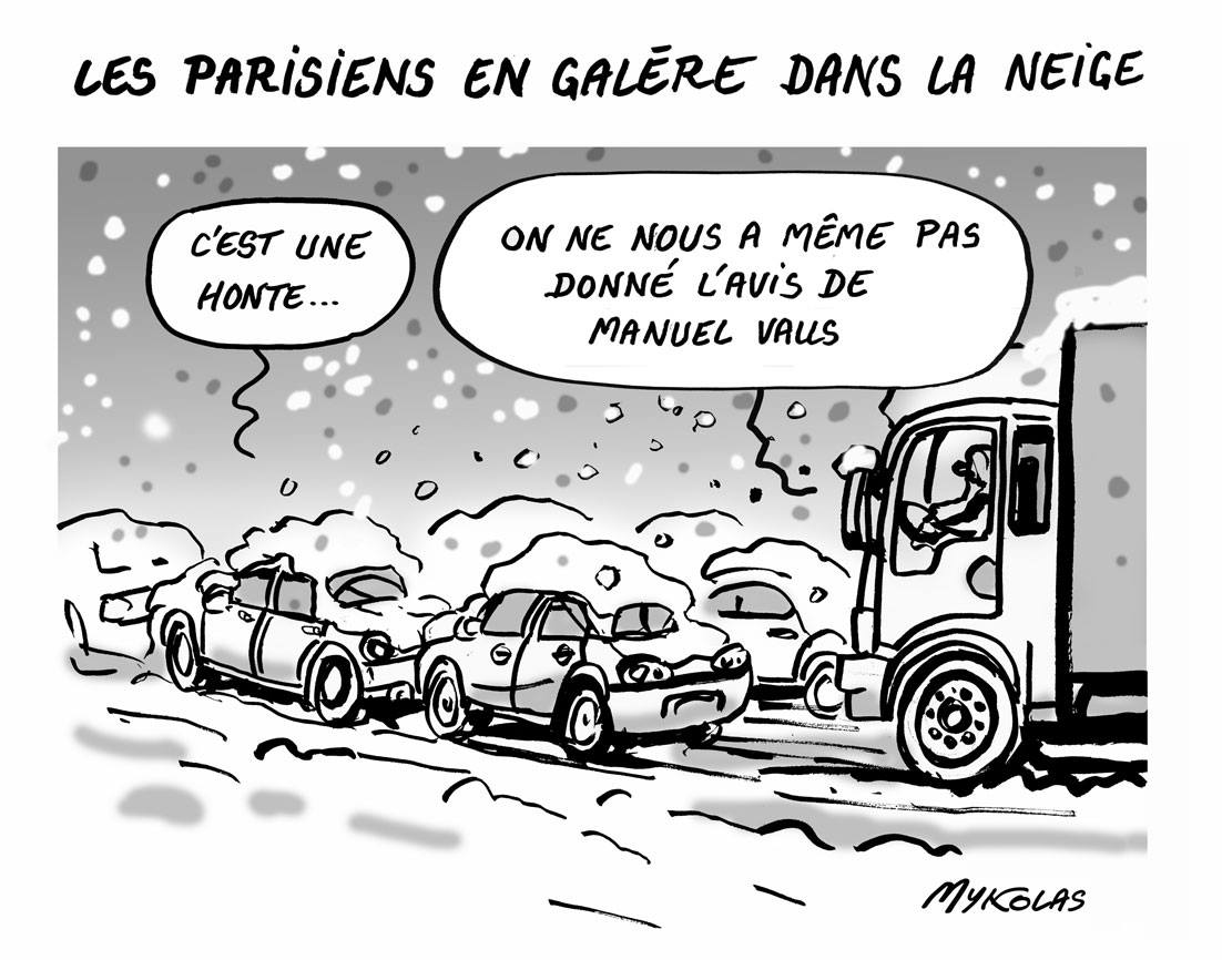 dessin humoristique de Parisiens sous la neige bloqués dans leurs véhicules