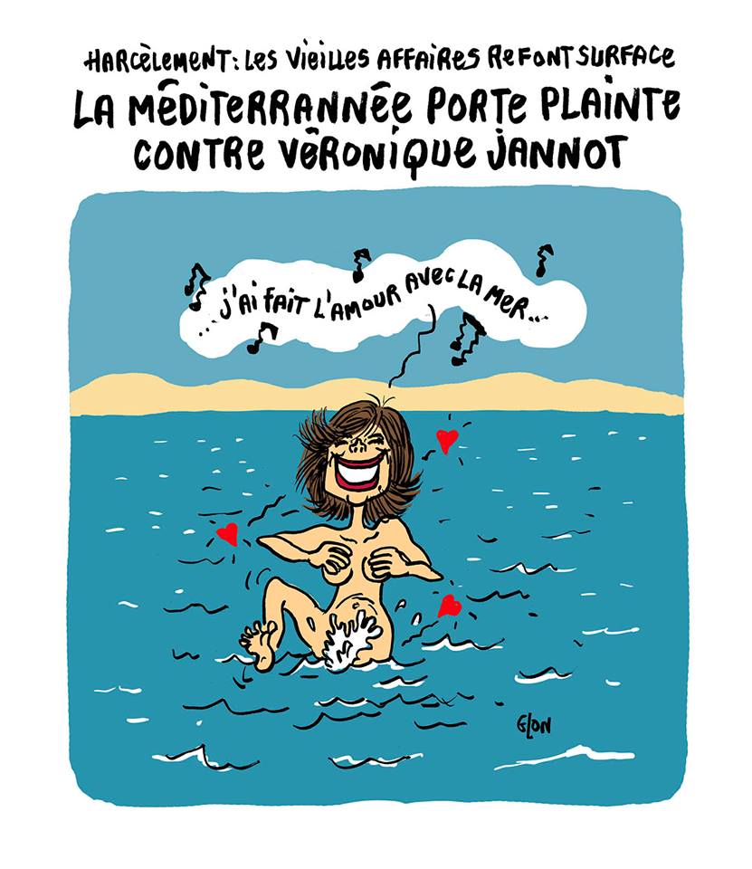 dessin humoristique de Véronique Jannot en train de chanter nue dans la mer méditerranée