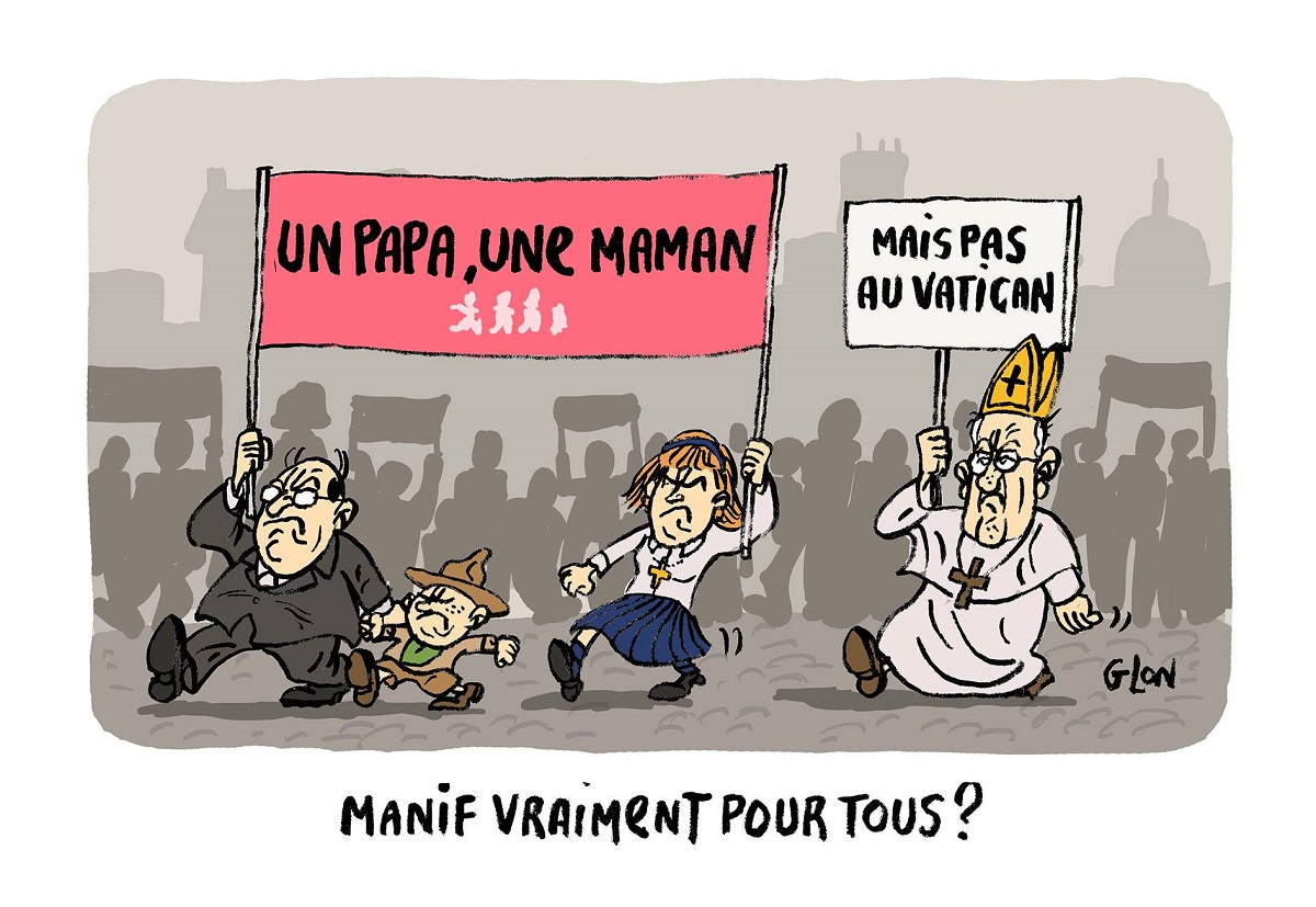 dessin humoristique de la manif pour tous avec une famille, un enfant scout et le Pape François