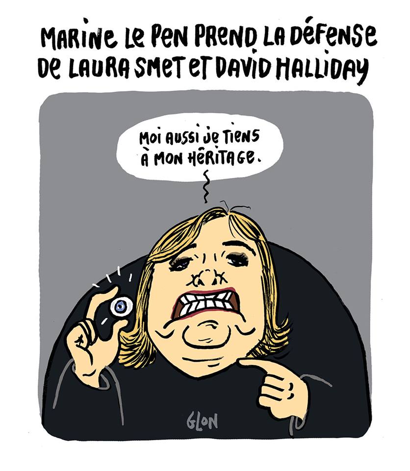 dessin humoristique de Marine Le Pen qui montre l'oeil de verre de Jean-Marie Le Pen comme son héritage