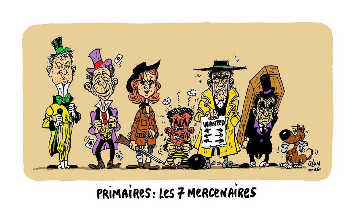 dessin humoristique des candidats de la primaire de la Droite en personnages de Lucky Luke