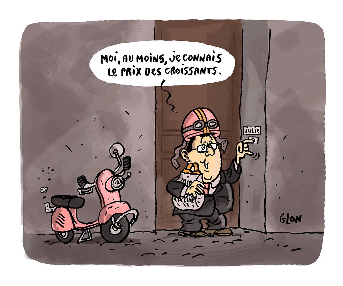 dessin drôle de françois Hollande avec son scooter rose en train d'amener des croissants à Julie Gayet