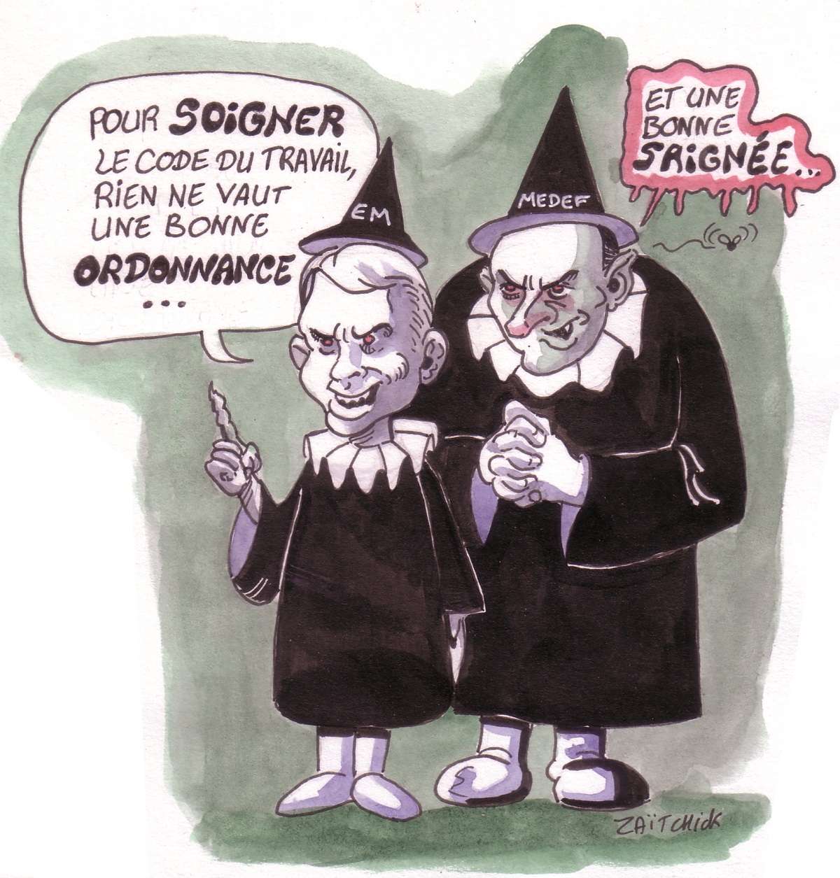 dessin humoristique d'Emmanuel Macron et de PIerre Gattaz en anciens médecins préconisant une saignée du Code du travail par ordonnances
