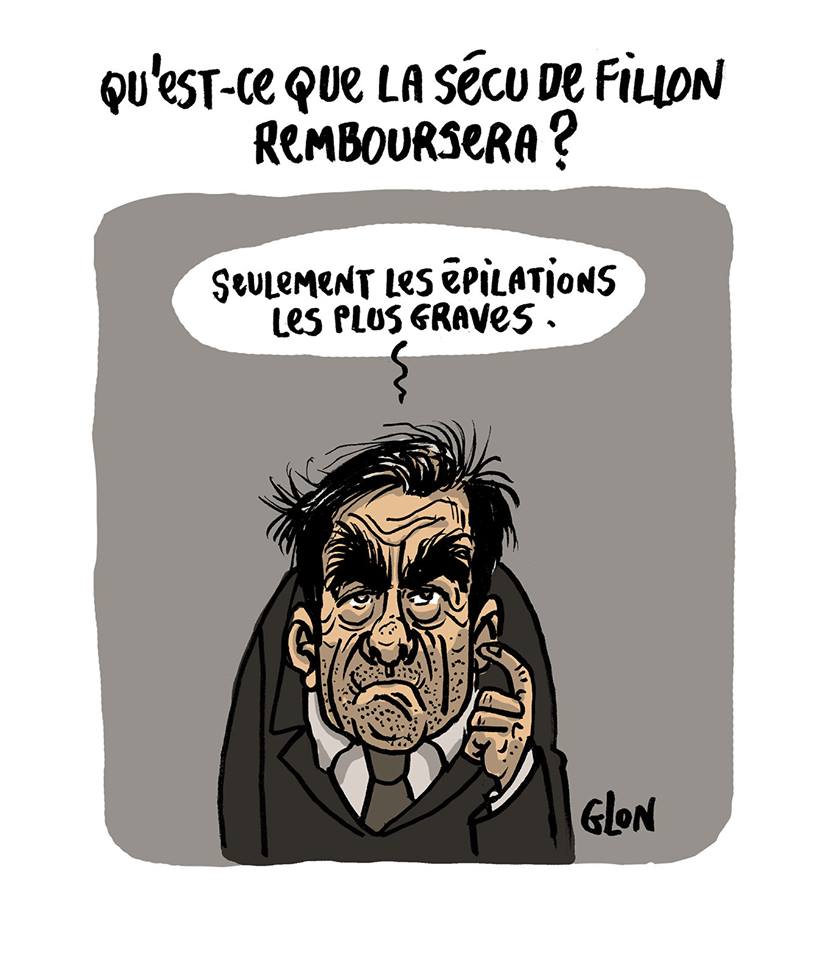 dessin humoristique de François Fillon parlant des remboursement de la Sécurité Sociale