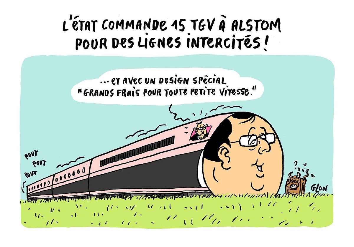 dessin humoristique de François Hollande aux commande du nouveau TGV "François Hollande"