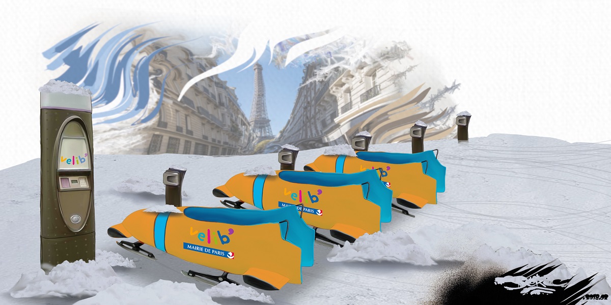 dessin humoristique des nouveaux vélib de Paris adaptés à la neige