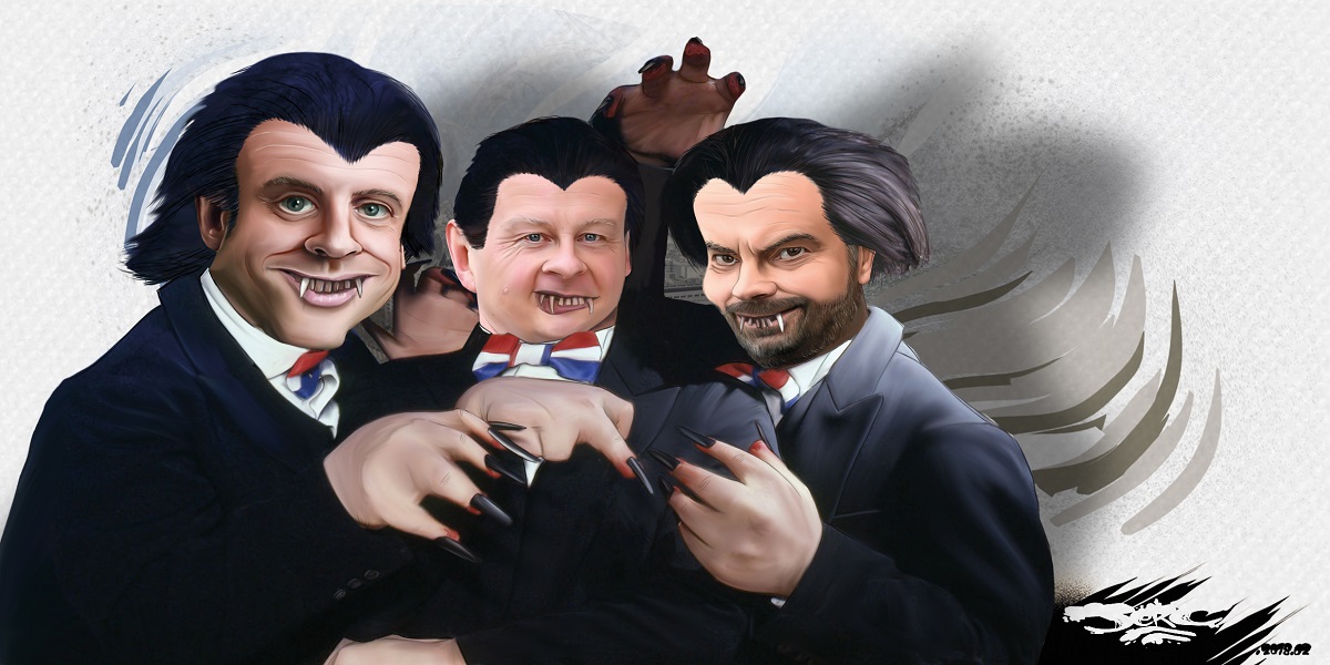 dessin drôle d'Emmanuel Macron, Bruno Le Maire et Edouard Philippe en vapires des impôts