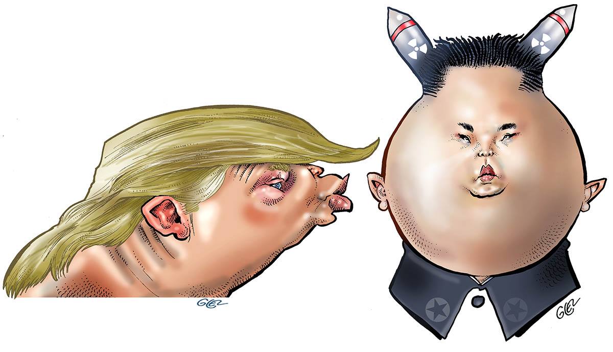 dessin humoristique de Donald Trump en train de faire un bisou à Kim Jong-un