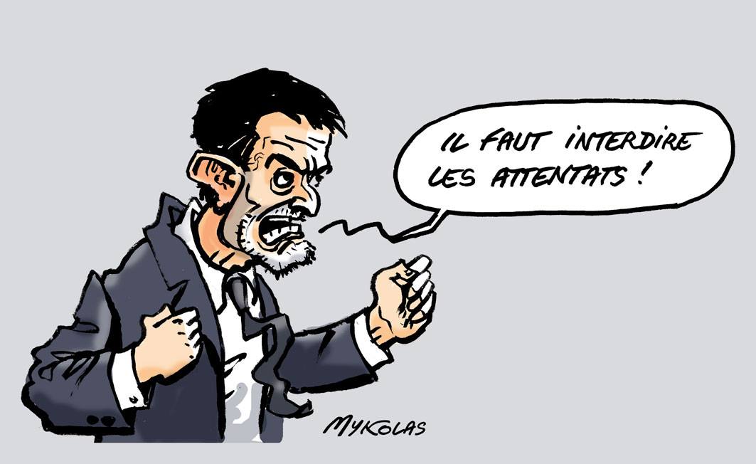 dessin d'actualité sur Manuel Valls donnant son avis sur les attentats de Trèbes et Carcassonne