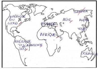 copie d'élève de géographie avec un léger problème sur la situation du Sahara, des Vosges et des Alpes