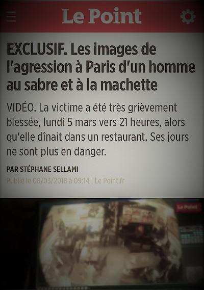 copie d'écran d'actualité parlant de l'agression d'un homme dans un restaurant parisien au sabre et à la machette