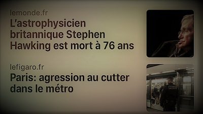 actualités parlant de la mort de l'astrophysicien Stephen Hawking et de l'agression au cutter dans le métro parisien