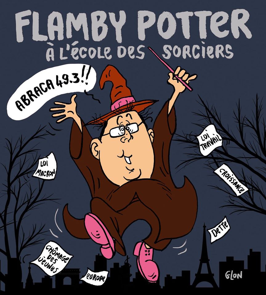 dessin d'actualité montrant François Hollande en Harry Potter maniant la baguette magique du 49.3