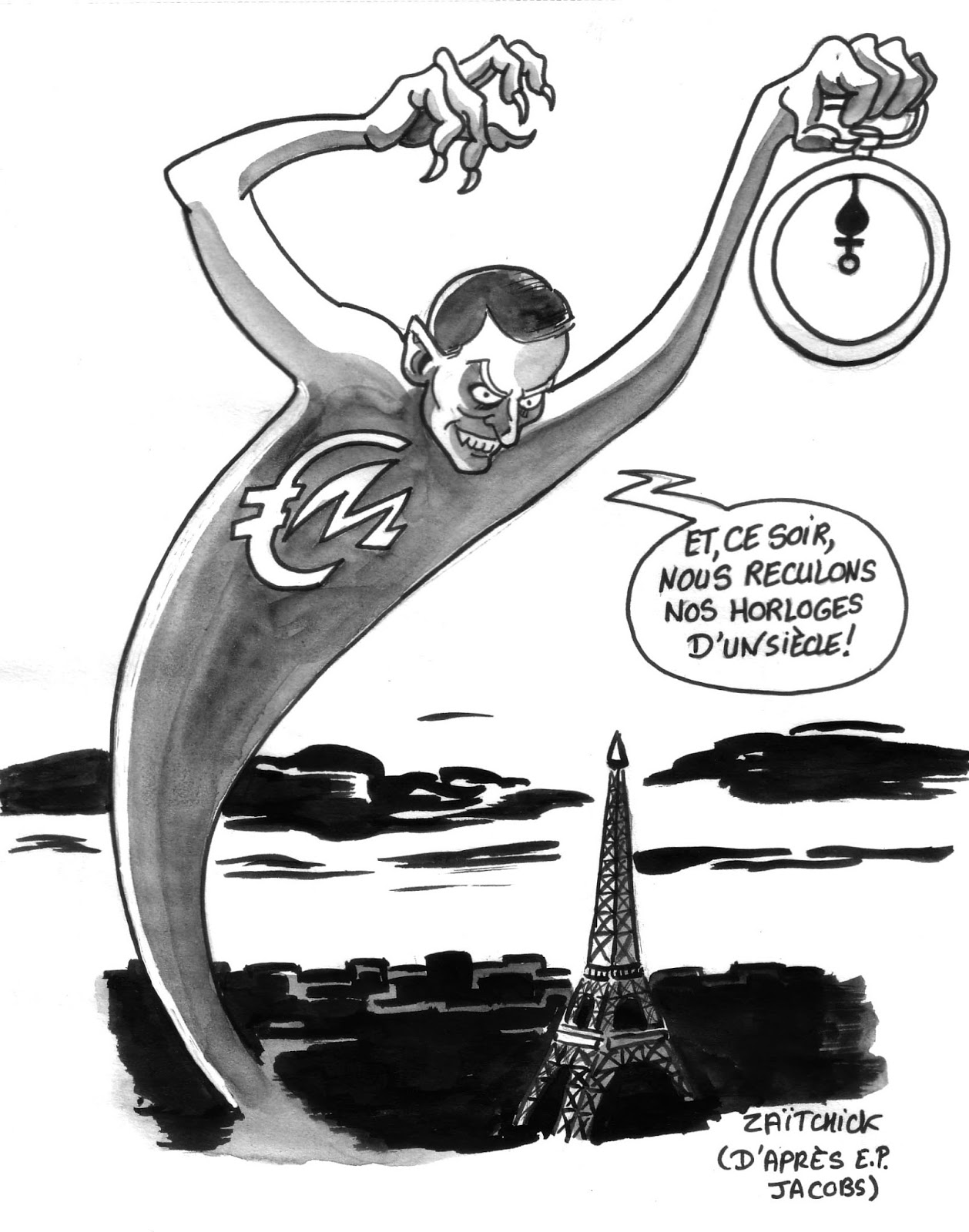 dessin d'actualité sur Emmanuel Macron et le changement d'heure