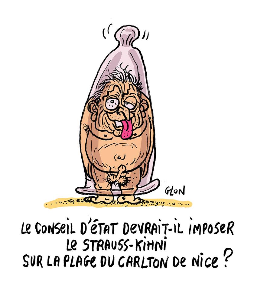 dessin humoristique de Dominique Strauss-Kahn portant un vêtement adapté à la plage du Carlton de Nice