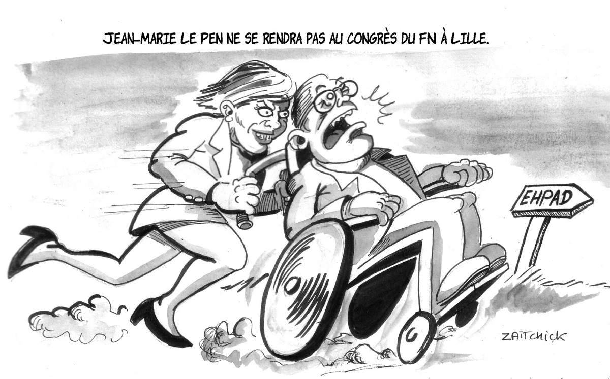 dessin humoristique de Jean-Marie Le Pen se rendant dans un EHPAD en fauteuil roulant