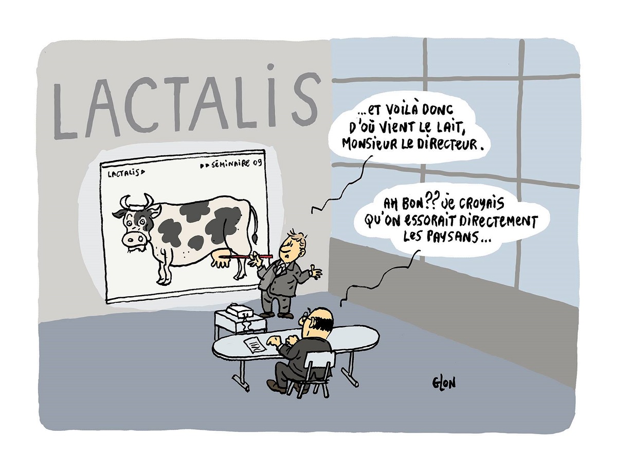 dessin humoristique de la formation du Président de Lactalis sur la provenance du lait