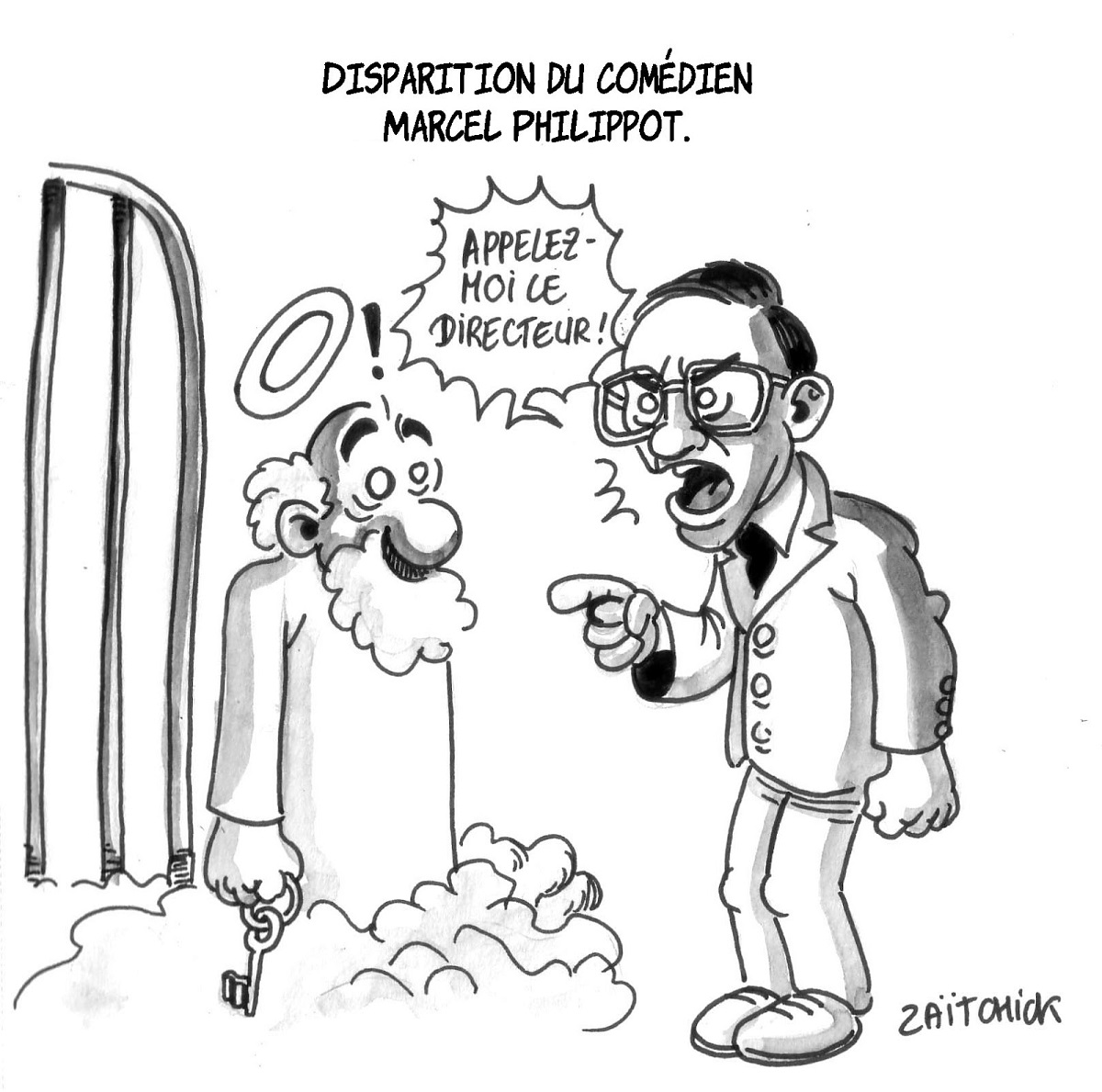 dessin humoristique de Marcel Philippot demandant à Saint Pierre d'appeler le directeur du Paradis