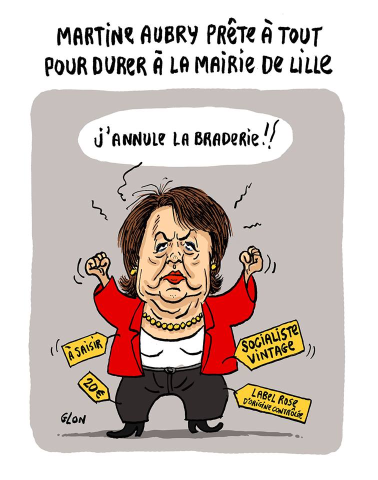 dessin d'actualité montrant Martine Aubry annulant la Braderie de Lille