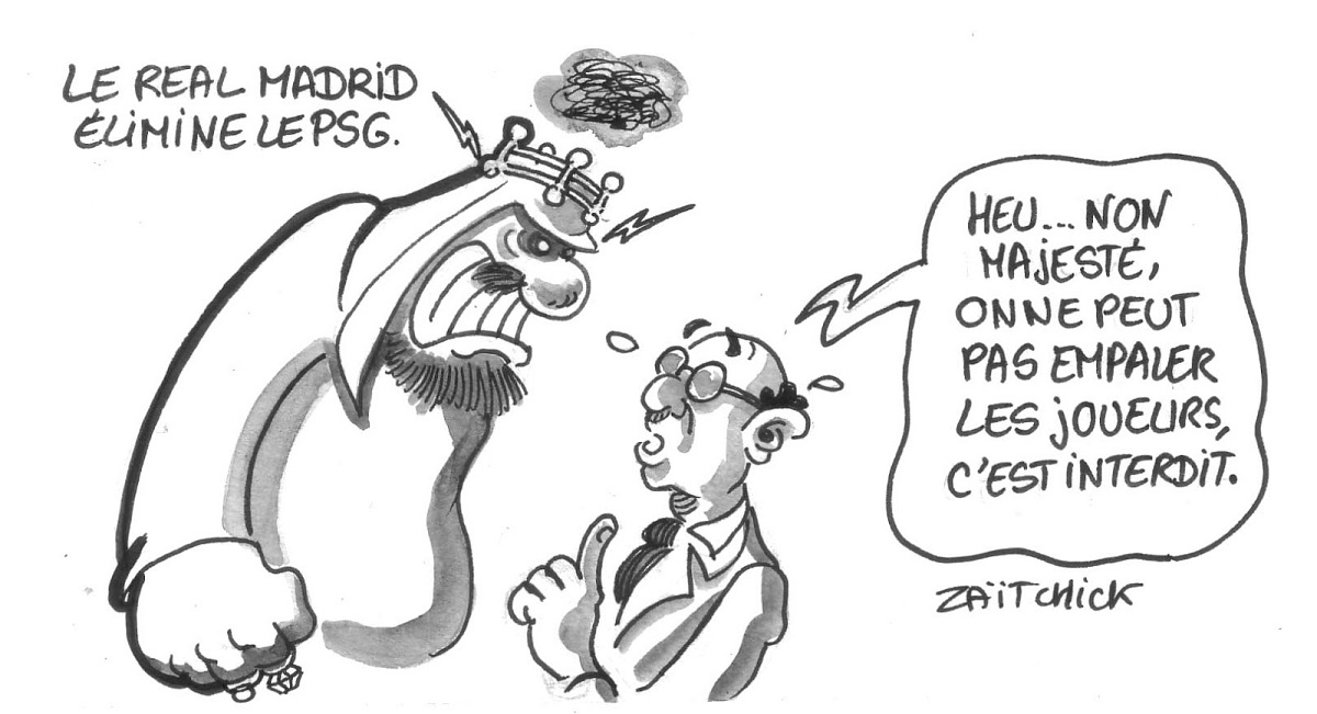 dessin humoristique du Président du PSG voulant empaler les joueurs après la défaite du PSG face au Real Madrid