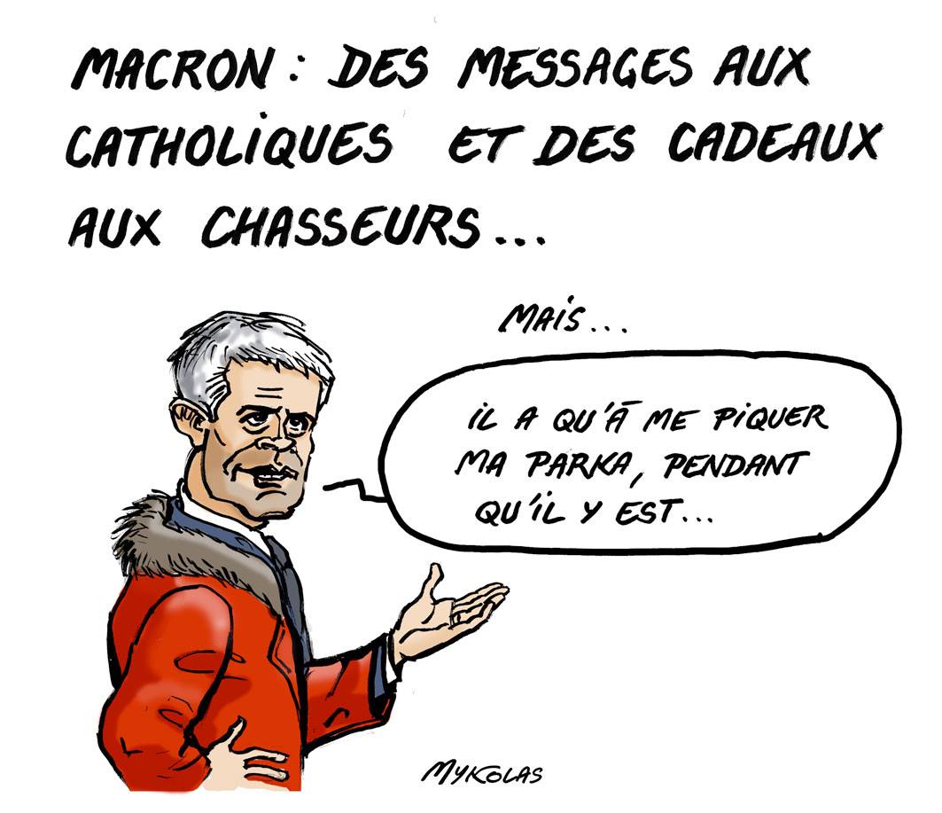 dessin d'actualité humoristique montrant Laurent Wauquiez parlant des récents gestes de Macron envers les catholiques et les chasseurs
