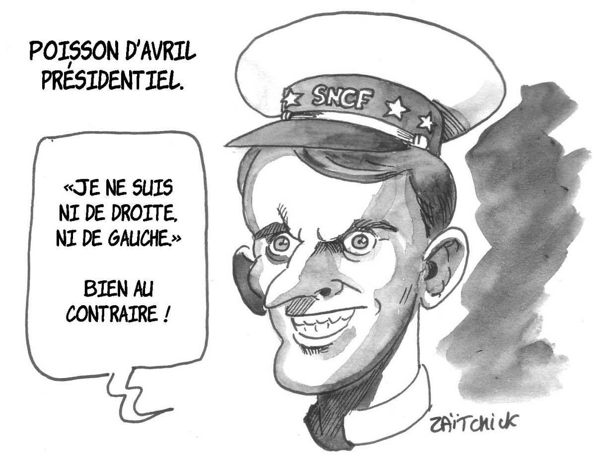 dessin d'actualité humoristique du poisson d'avril d'Emmanuel Macron