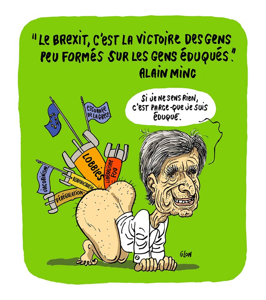 dessin d'actualité humoristique d'Alain Minc exprimant sa pensée profonde sur le Brexit