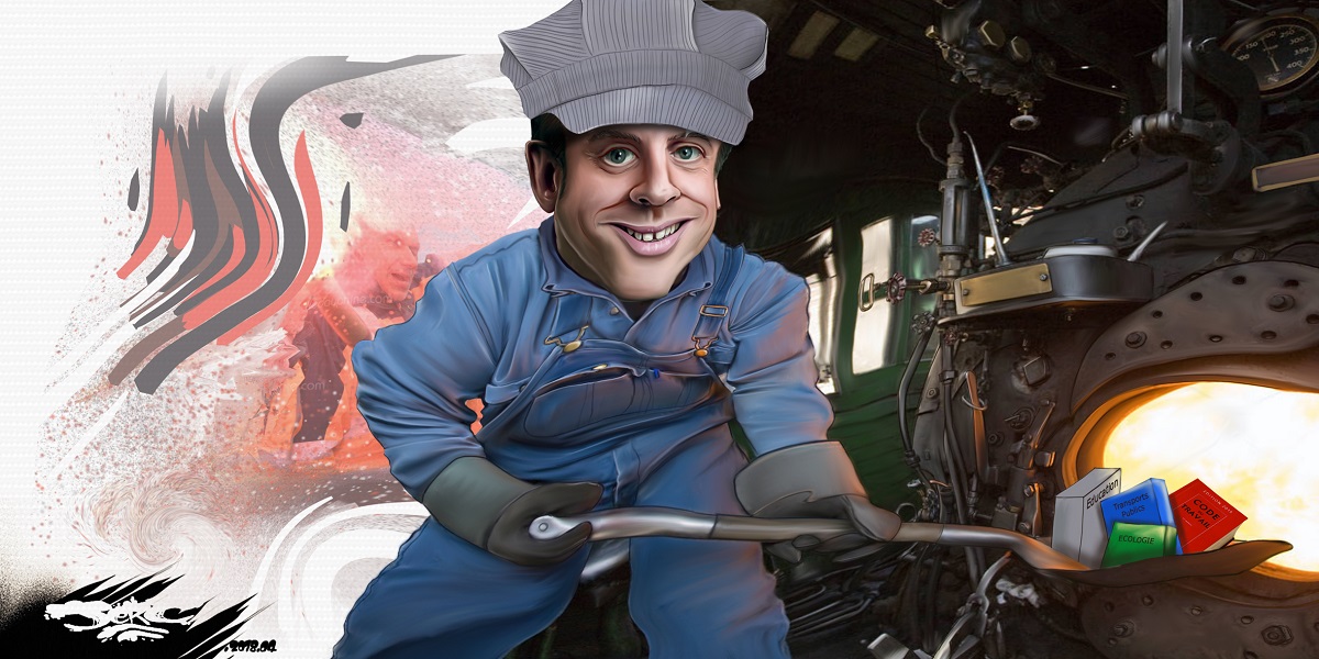 dessin d'actualité humoristique montrant Emmanuel Macron en cheminot de la Bête Humaine