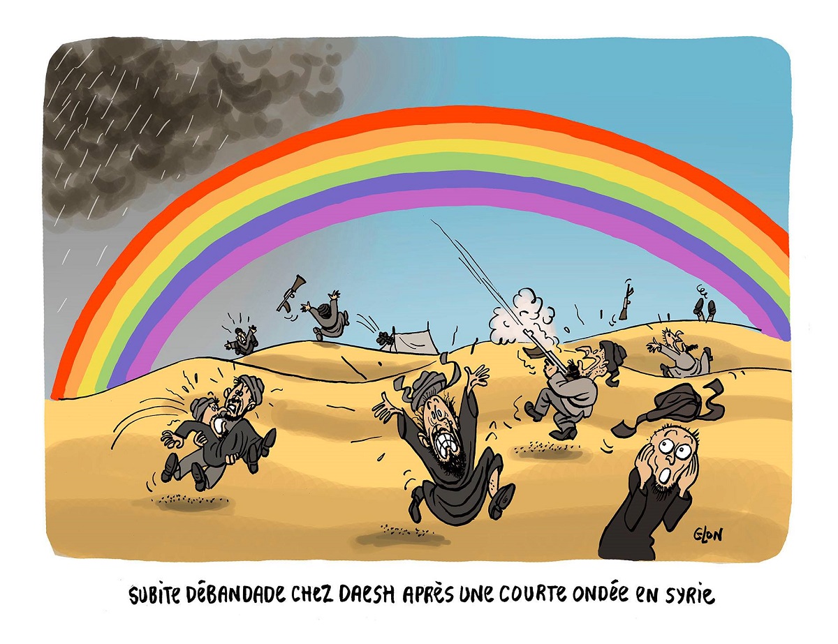 dessin d'actualité humoristique montrant les djihadistes de Daesh paniqués suite à l'apparition d'un arc-en-ciel aux couleurs LGBT