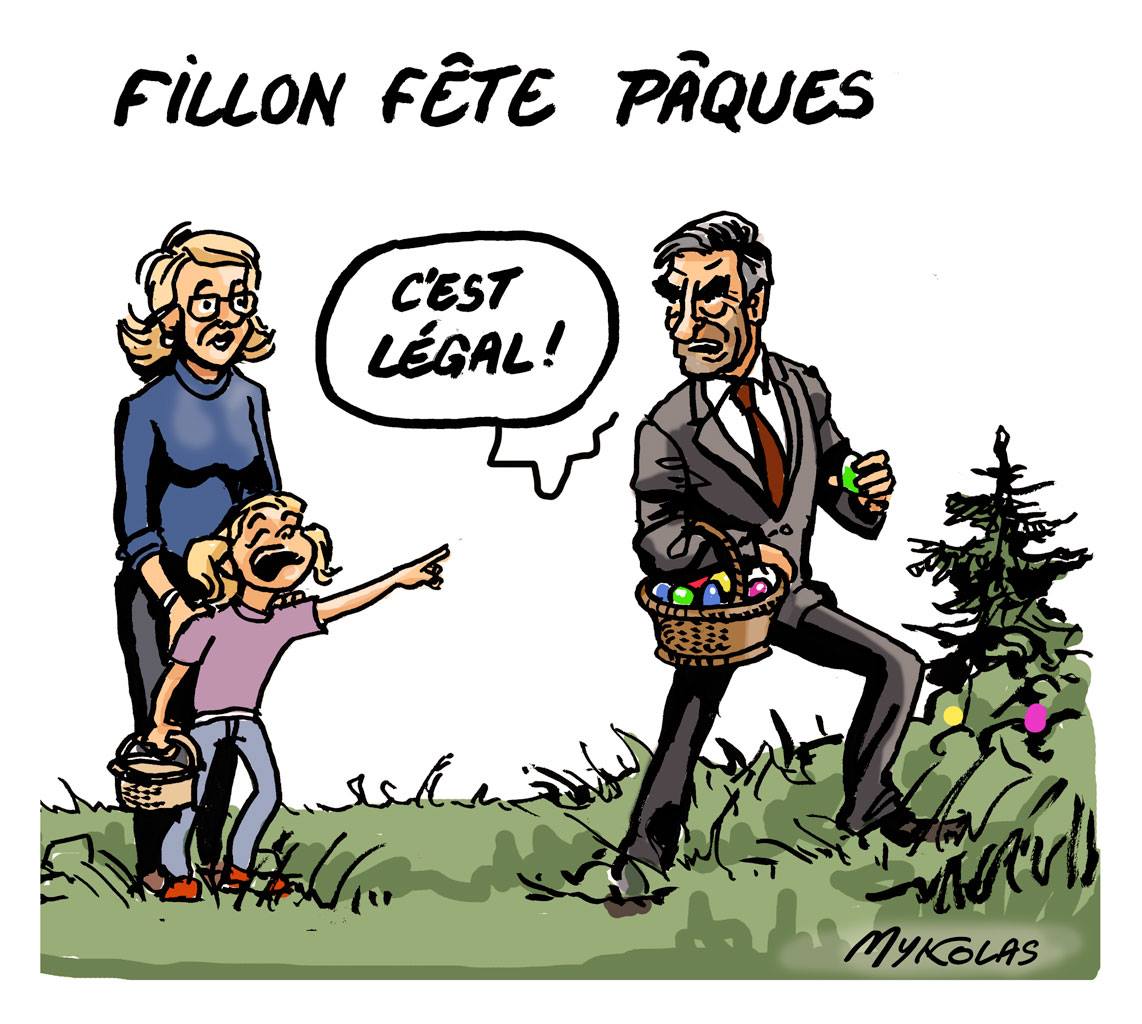 dessin d'actualité humoristique montrant François Filon ramassant des oeufs de Pâques