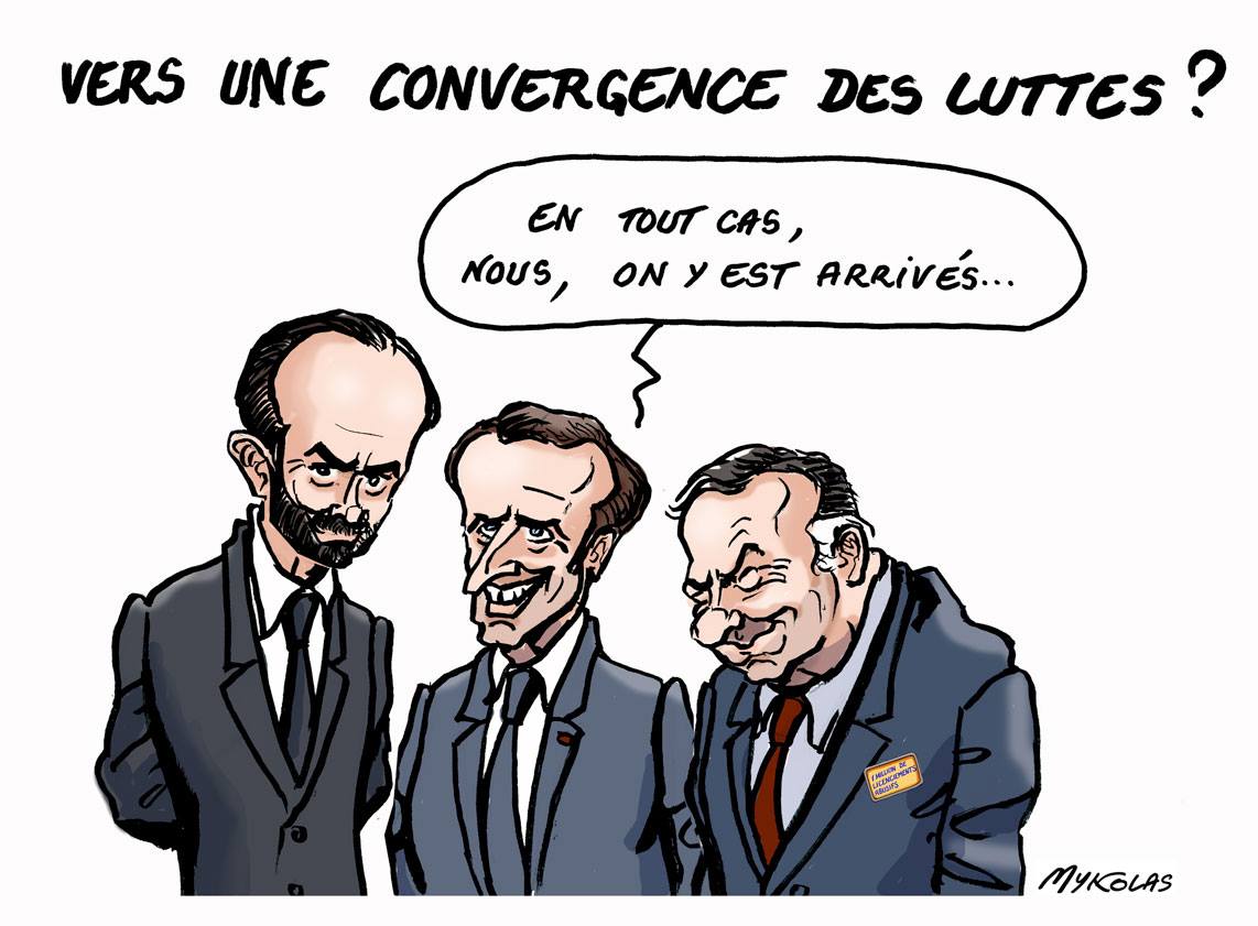dessin d'actualité montrant le nouveau trio libéral : Emmanuel Macron, Édouard Philippe et Pierre Gattaz