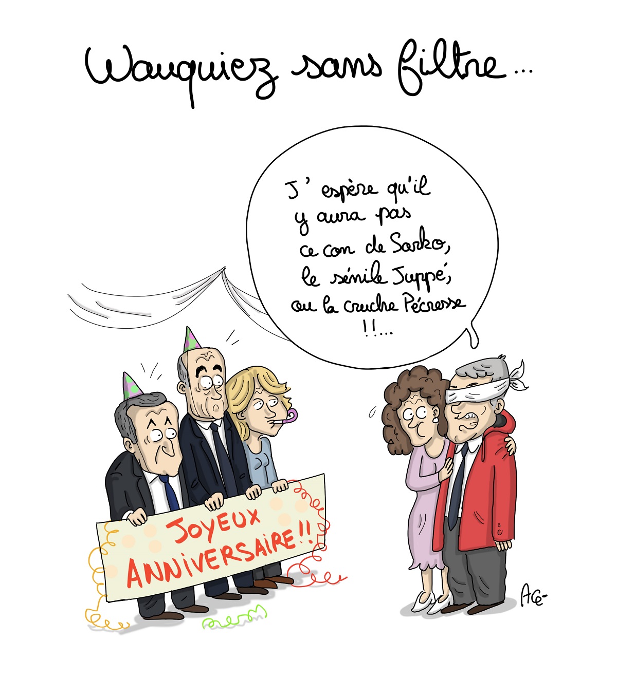 dessin d'actualité montrant Laurent Wauquiez insultant les hommes politiques de son camp