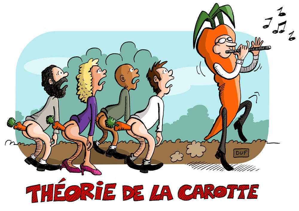 dessin d'actualité humoristique illustrant la théorie de la carotte des riches