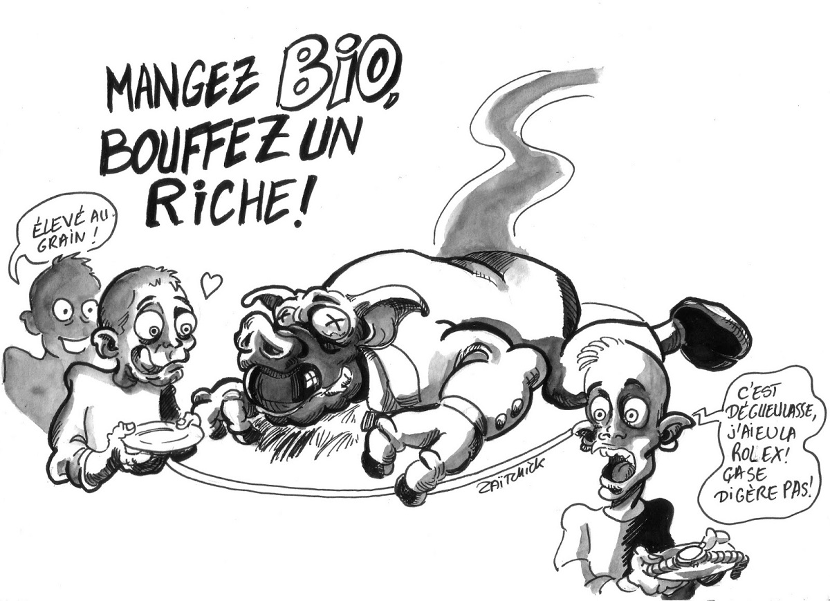 dessin d'actualité humoristique de pauvres en train de manger un riche pour pouvoir manger bio