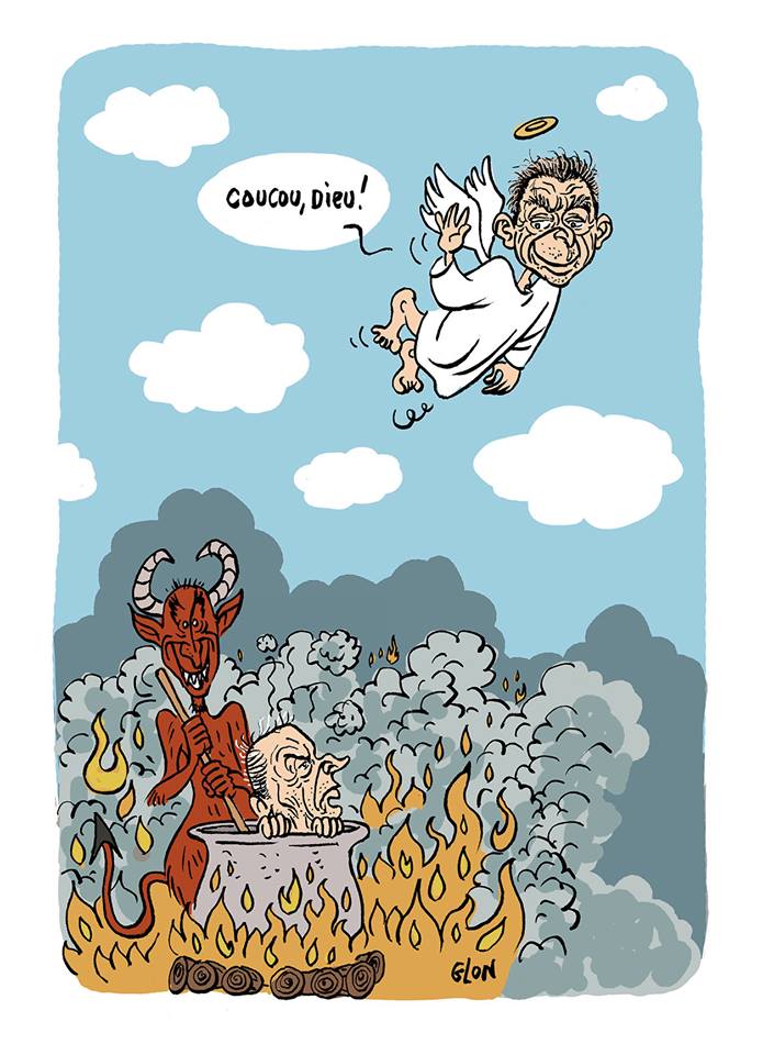 dessin d'actualité humoristique montrant Michel Rocard en route pour le Paradis saluant au passage François Mitterrand en enfer
