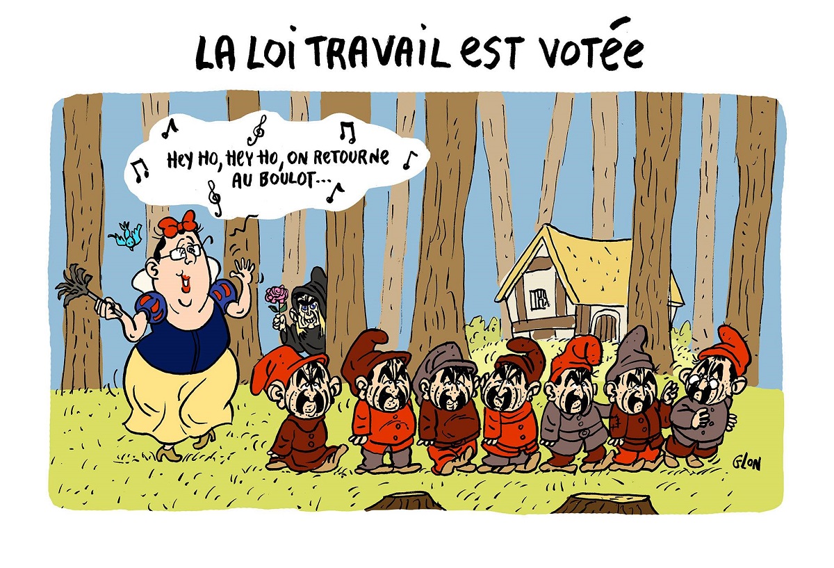 dessin d'actualité humoristique de François Hollande en Blanche-Neige remettant les nains Philippe Martinez au boulot