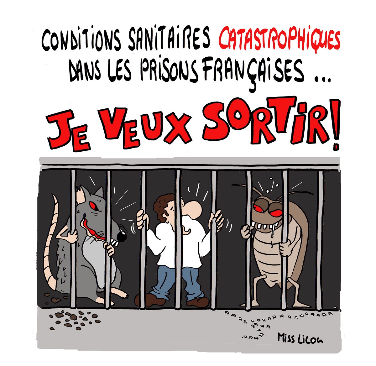 dessin d'actualité humoristique des conditions sanitaires à la prison de Fresnes