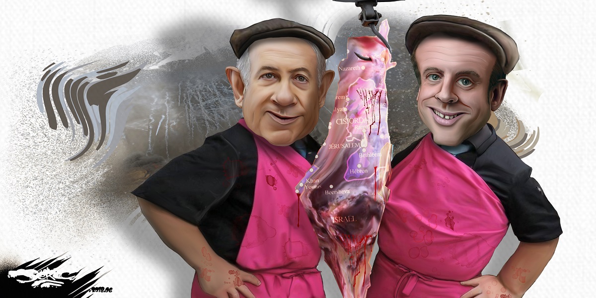 dessin d'actualité humoristique montrant Emmanuel Macron et Benyamin Netanyahou complices en boucherie