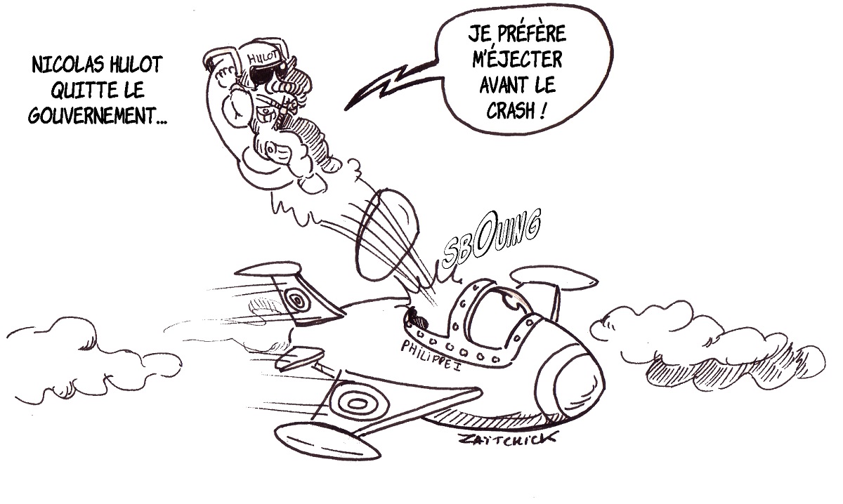 dessin d'actualité sur la démission de Nicolas Hulot en pilote s'éjectant de l'avion gouvernemental