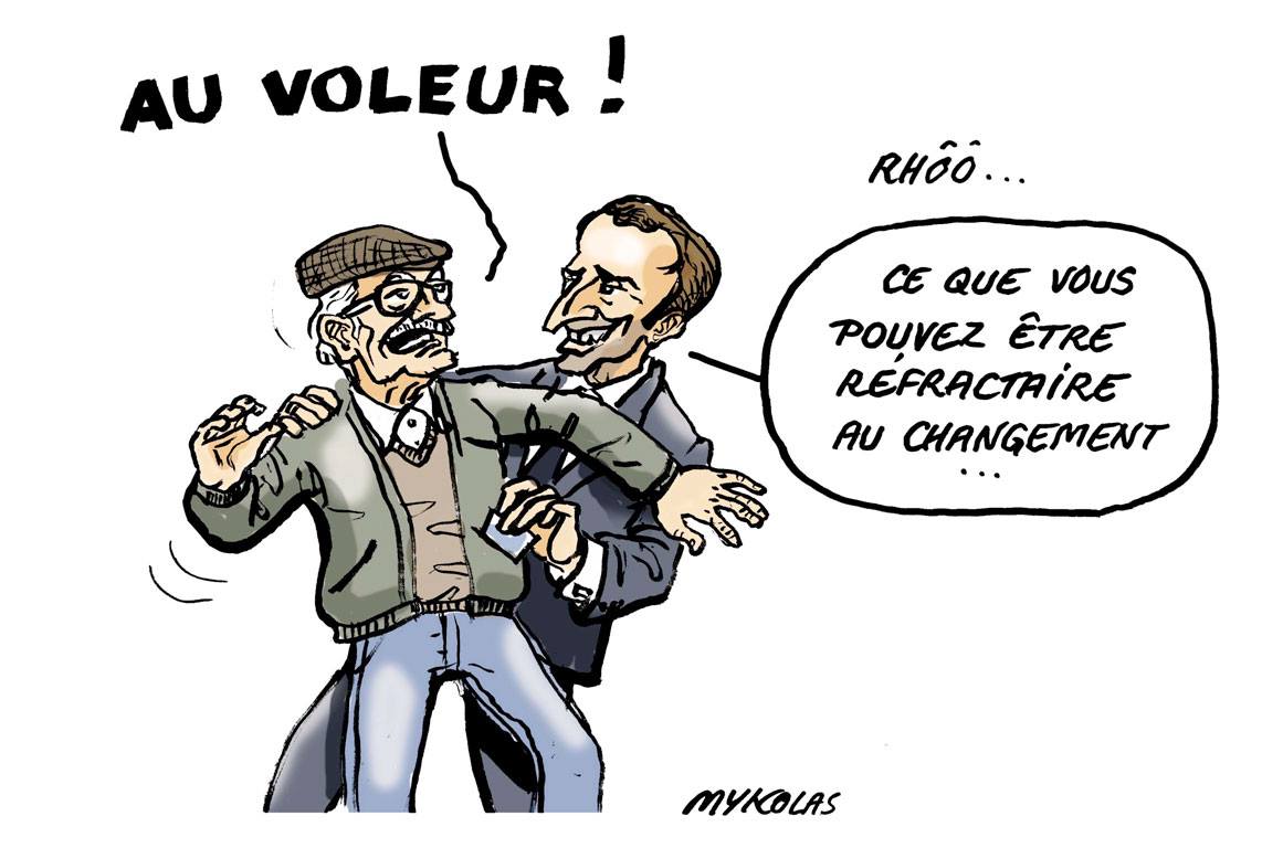 dessin d'actualité montrant Emmanuel Macron soutirant de l'argent à un retraité gaulois réfractaire