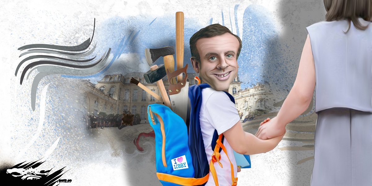 dessin d'actualité montrant la rentrée des classes de l'élève Emmanuel Macron