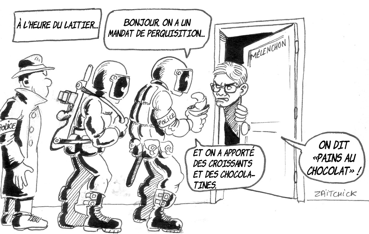 dessin d'actualité humoristique sur la perquisition chez Jean-Luc Mélenchon