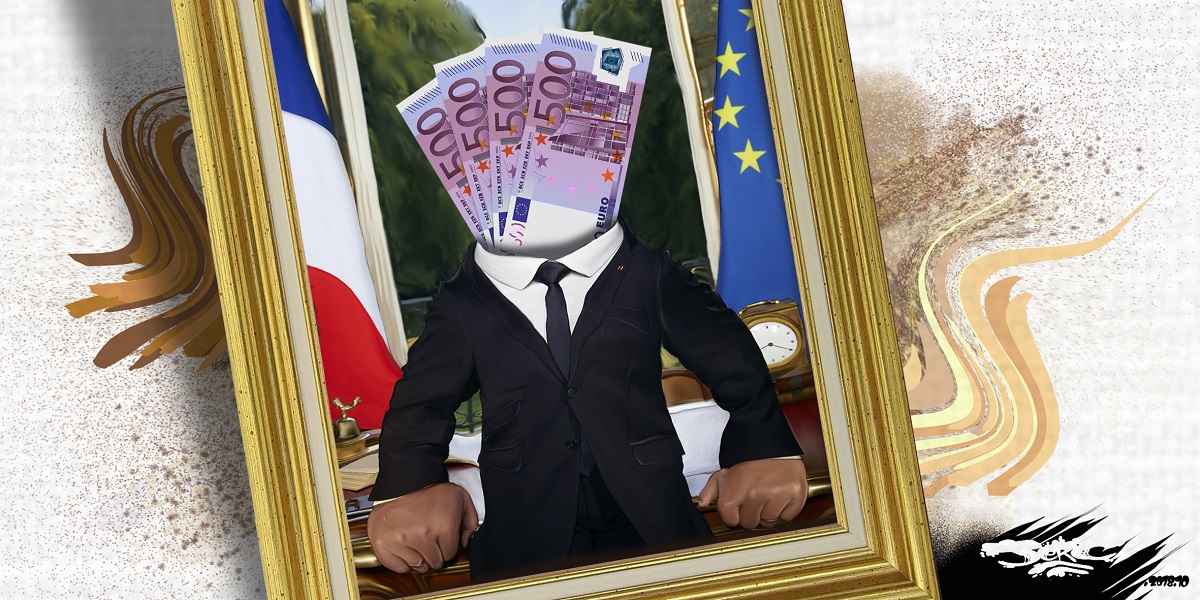 dessin d'actualité d'Emmanuel Macron et du culte de l'argent roi