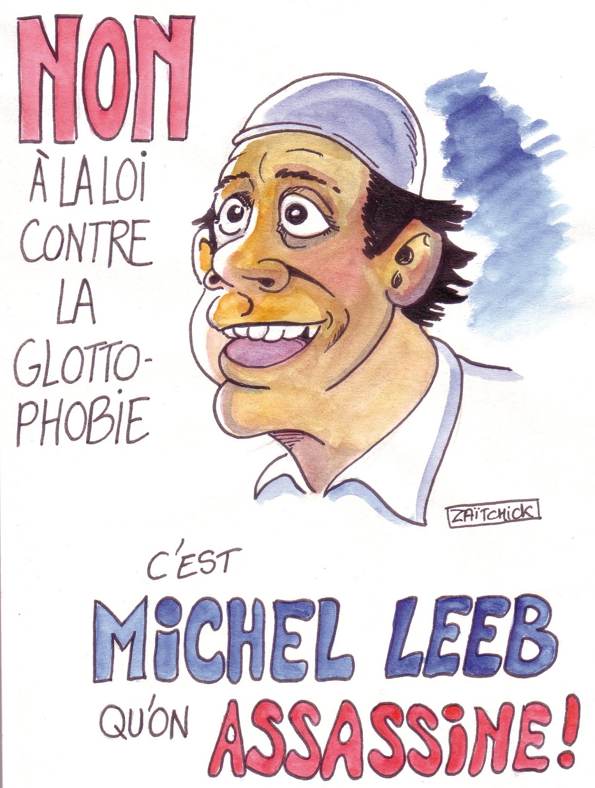 dessin d'actualité humoristique sur le projet de loi contre la glottophobie et Michel Leeb