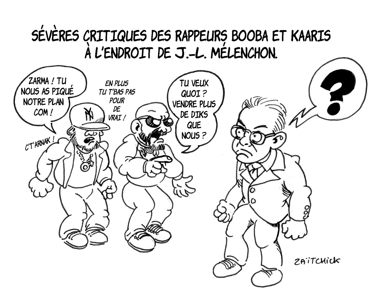 dessin d'actualité humoristique sur le comportement de Jean-Luc Mélenchon pendant les perquisitions