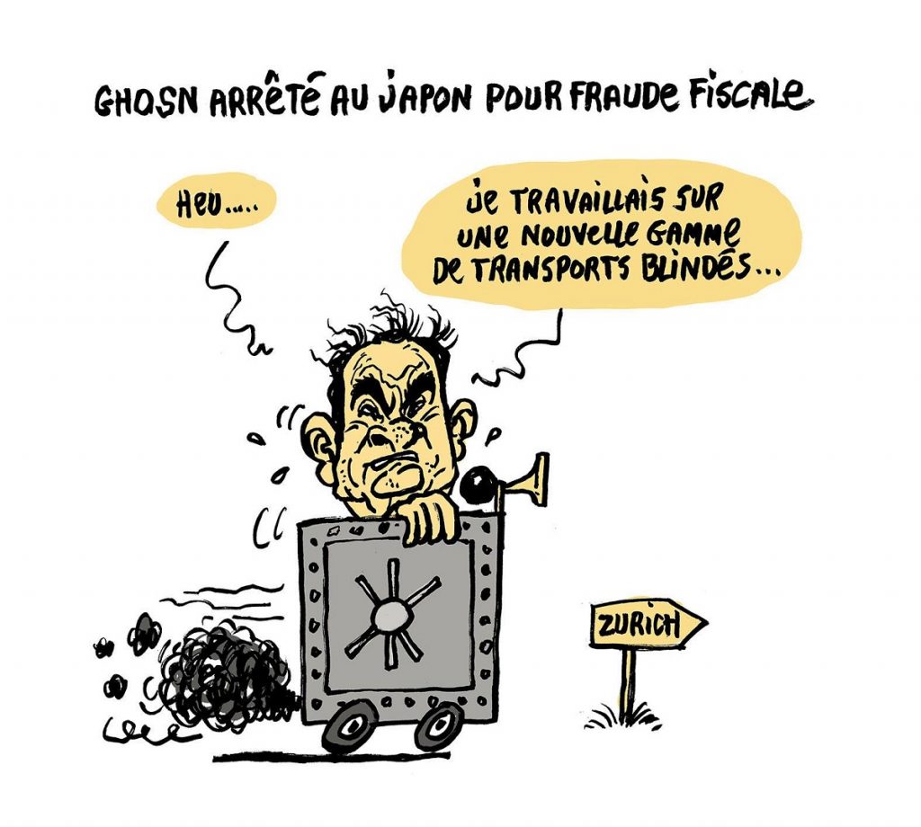 dessin d'actualité humoristique sur l'arrestation de Carlos Ghosn pour fraude fiscale au Japon